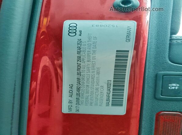 WAUB4AF40JA003213 2018 AUDI S4 Red 