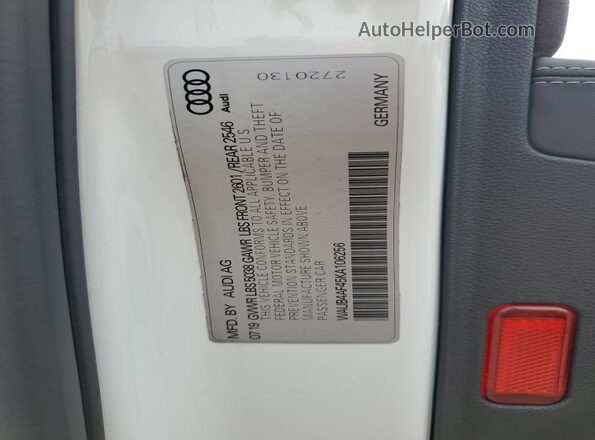 WAUB4AF45KA106256 2019 AUDI S4 White VIN კოდის სტიკერის ხედი