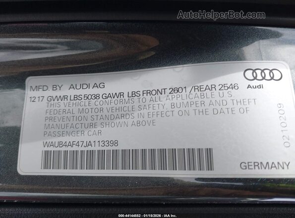 WAUB4AF47JA113398 2018 AUDI S4 Gray 