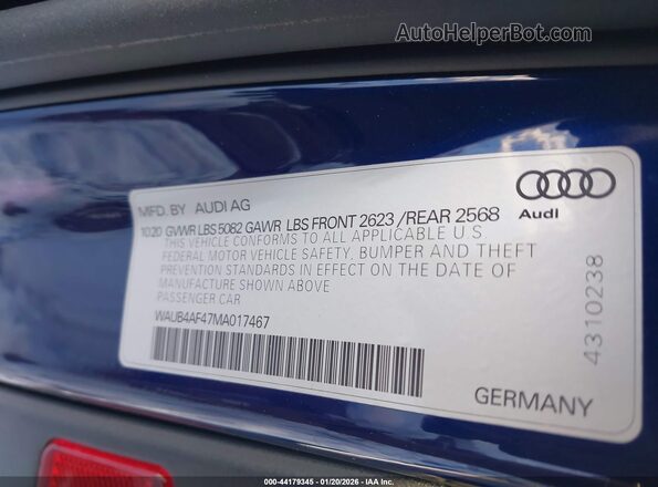WAUB4AF47MA017467 2021 AUDI S4 Blue Vista del compartimento del motor