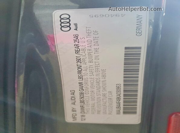 WAUB4AF48KA030953 2019 AUDI S4 Gray Widok naklejki z numerem VIN