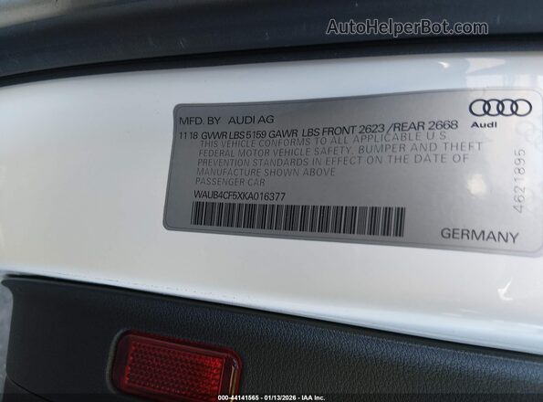 WAUB4CF5XKA016377 2019 AUDI S5 White ძრავის განყოფილების ხედი