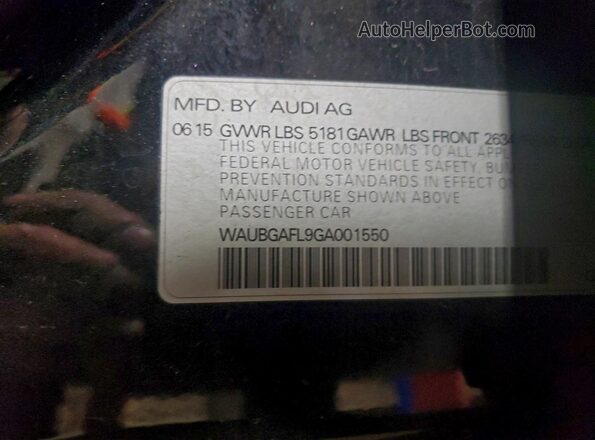 WAUBGAFL9GA001550 2016 AUDI S4 Black VIN კოდის სტიკერის ხედი