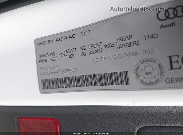 WAUBNAF43JA078288 2018 AUDI OTHER White Engine compartment view