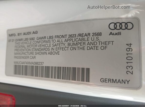 WAUC4AF4XMA086237 2021 AUDI S4 White Շարժիչի բաժամունքի տեսք