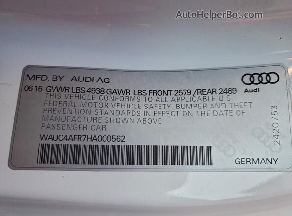 WAUC4AFR7HA000562 2017 AUDI S5 White Vista del compartimento del motor