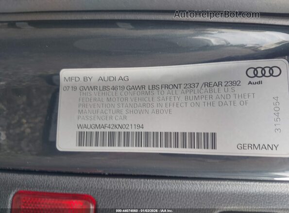 WAUGMAF42KN021194 2019 AUDI OTHER Gray Widok komory silnika