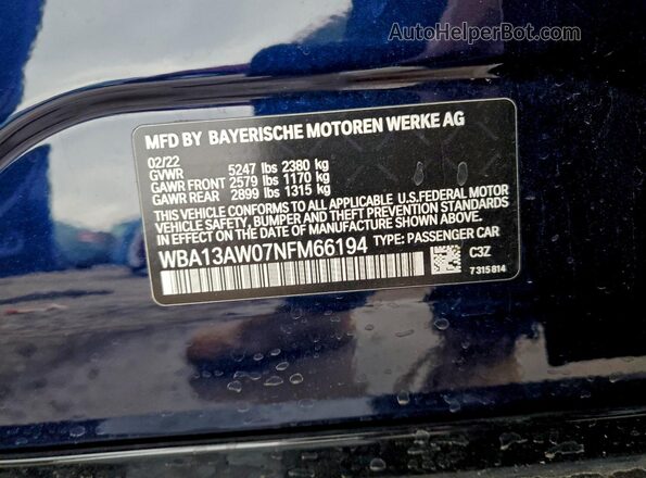 WBA13AW07NFM66194 2022 BMW M4 Blue Vista de la etiqueta del VIN