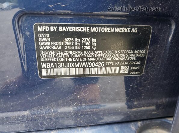 WBA13BJ0XMWW90426 2021 BMW 5 SERIES Синий Вид наклейки с VIN-кодом