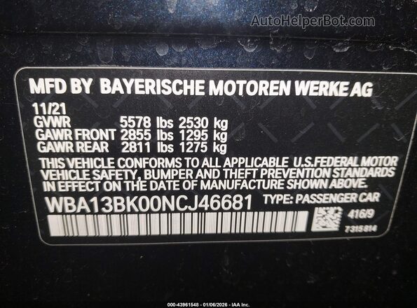 WBA13BK00NCJ46681 2022 BMW M5 Dark Blue 
