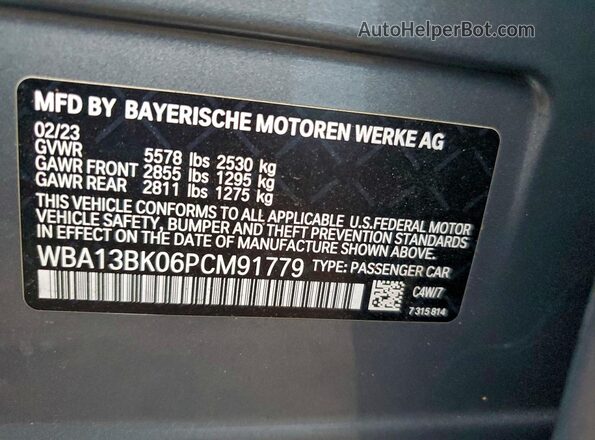WBA13BK06PCM91779 2023 BMW M5 Gray VIN კოდის სტიკერის ხედი