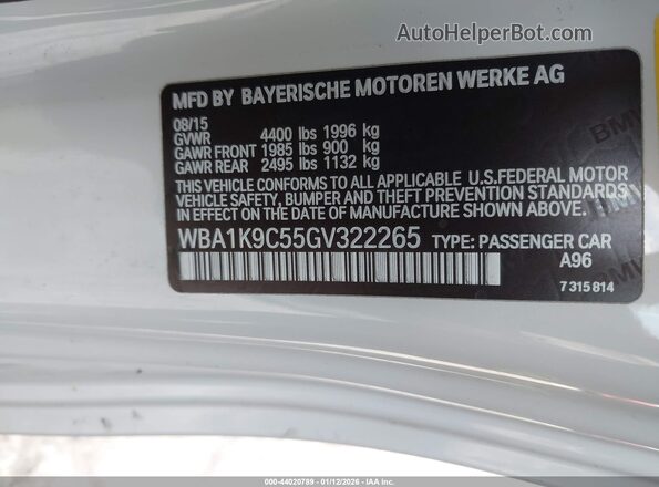 WBA1K9C55GV322265 2016 BMW 2 SERIES White Вид підкапотного простору