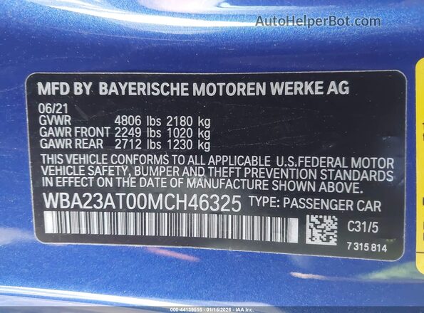 WBA23AT00MCH46325 2021 BMW 4 SERIES Blue Engine compartment view