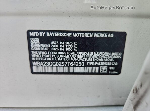 WBA23GG02S7T64250 2025 BMW 2 SERIES White VIN კოდის სტიკერის ხედი