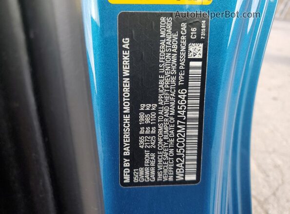 WBA2J5C02M7J45646 2021 BMW M2 Blue ძრავის განყოფილების ხედი