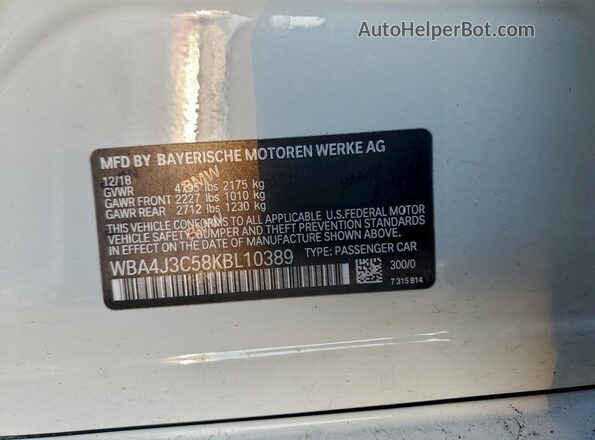 WBA4J3C58KBL10389 2019 BMW OTHER White Widok komory silnika