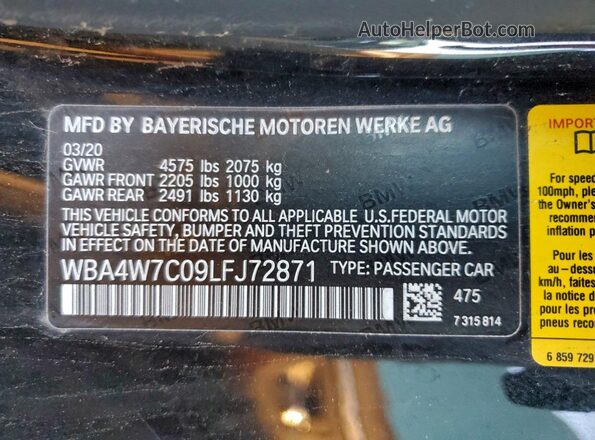 WBA4W7C09LFJ72871 2020 BMW 4 SERIES Black VIN կոդի պիտակի տեսք