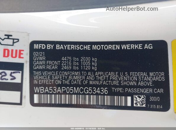 WBA53AP05MCG53436 2021 BMW 4 SERIES White Շարժիչի բաժամունքի տեսք
