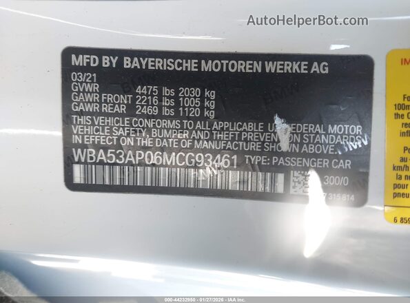 WBA53AP06MCG93461 2021 BMW 4 SERIES White Widok komory silnika