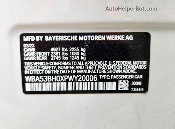 WBA53BH0XPWY20006 2023 BMW 5 SERIES White VIN կոդի պիտակի տեսք