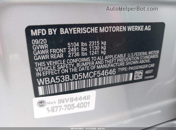 WBA53BJ05MCF54646 2021 BMW 5 SERIES Silver Շարժիչի բաժամունքի տեսք