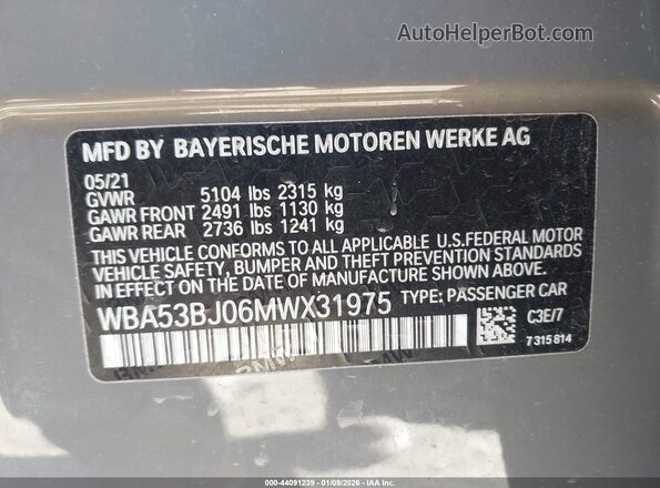 WBA53BJ06MWX31975 2021 BMW 5 SERIES Gray Engine compartment view
