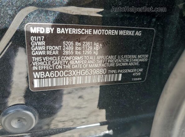 WBA6D0C3XHG639880 2017 BMW 6 SERIES Black ძრავის განყოფილების ხედი