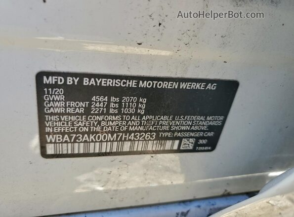 WBA73AK00M7H43263 2021 BMW 2 SERIES White VIN sticker view
