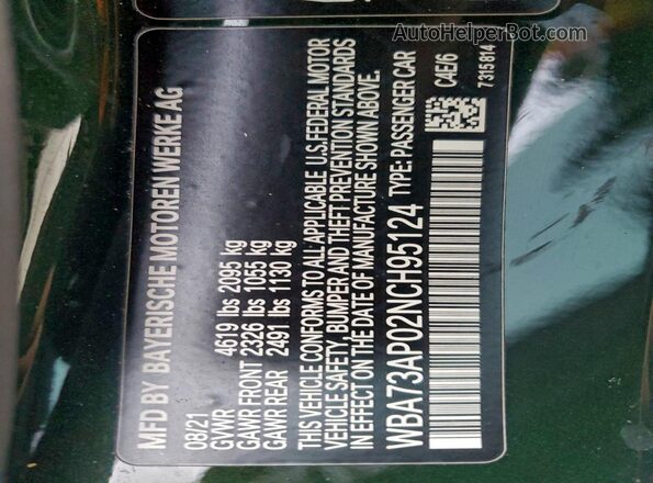 WBA73AP02NCH95124 2022 BMW 4 SERIES Зеленый Вид наклейки с VIN-кодом
