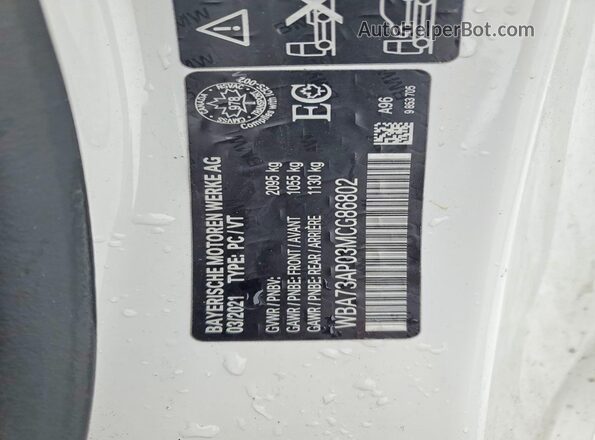 WBA73AP03MCG86802 2021 BMW 4 SERIES White VIN sticker view