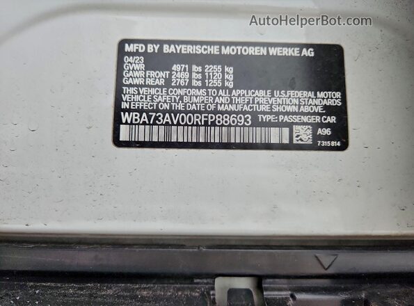 WBA73AV00RFP88693 2024 BMW 4 SERIES White VIN sticker view