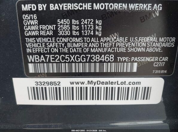 WBA7E2C5XGG738468 2016 BMW 7 SERIES Серый Вид подкапотного пространства