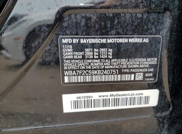 WBA7F2C59KB240751 2019 BMW 7 SERIES Black ძრავის განყოფილების ხედი