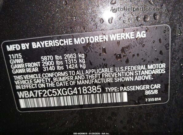 WBA7F2C5XGG418385 2016 BMW 7 SERIES Gray Vista del compartimento del motor