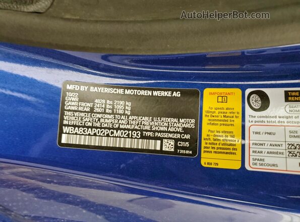 WBA83AP02PCM02193 2023 BMW M4 Blue Vista de la etiqueta del VIN