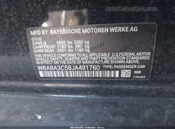 WBA8A3C58JA491760 2018 BMW 3 SERIES Black Engine compartment view