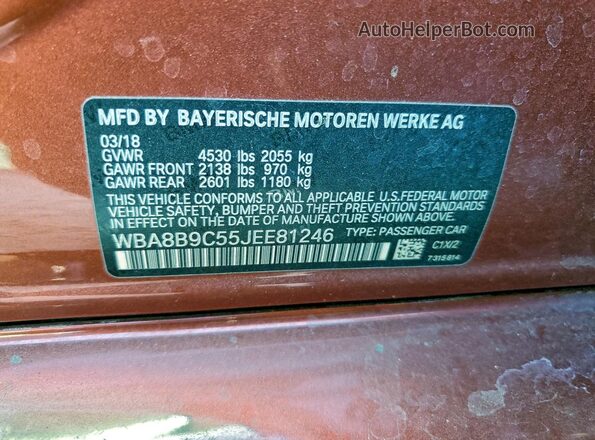 WBA8B9C55JEE81246 2018 BMW 3 SERIES Orange Engine compartment view