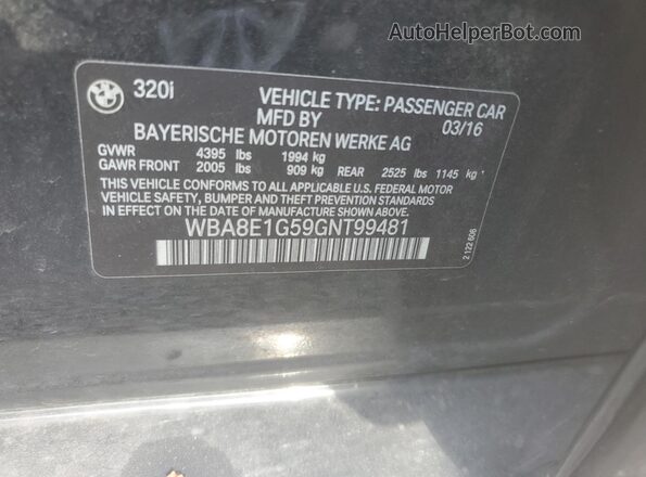 WBA8E1G59GNT99481 2016 BMW 3 SERIES Black Vista del compartimento del motor