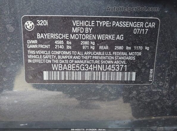 WBA8E5G34HNU45371 2017 BMW 3 SERIES Gray Вид підкапотного простору