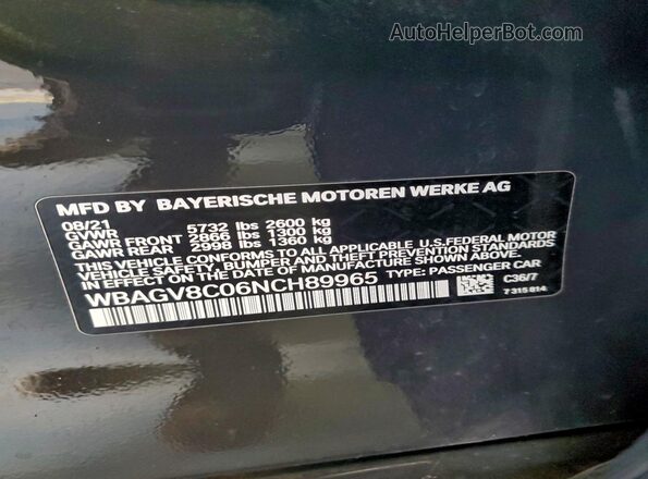 WBAGV8C06NCH89965 2022 BMW M8 Black VIN sticker view