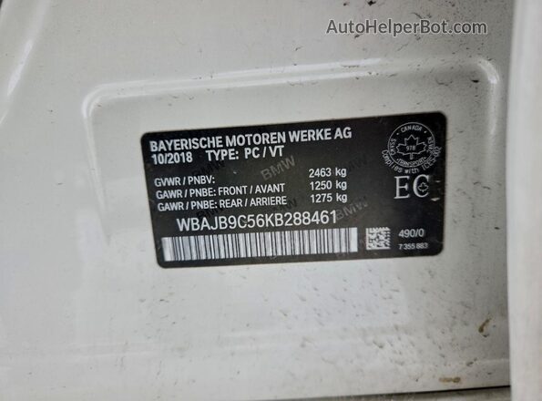 WBAJB9C56KB288461 2019 BMW M5 White VIN կոդի պիտակի տեսք