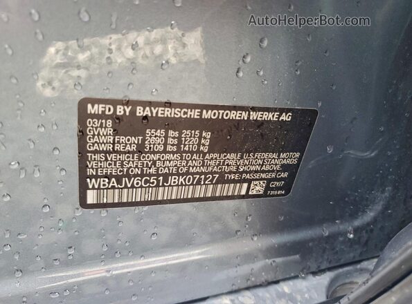 WBAJV6C51JBK07127 2018 BMW 6 SERIES Gray VIN sticker view