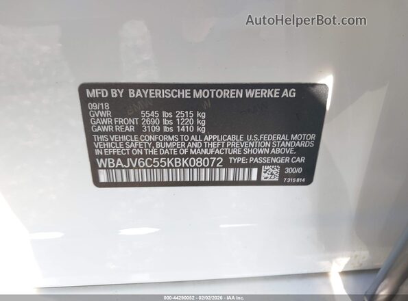 WBAJV6C55KBK08072 2019 BMW 6 SERIES White Вид підкапотного простору