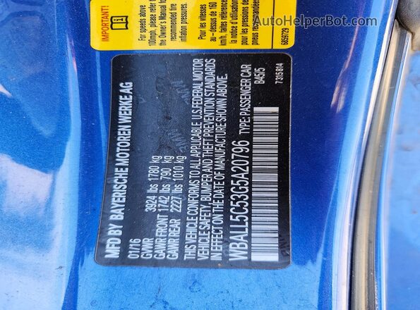 WBALL5C53G5A20796 2016 BMW Z4 Blue Widok naklejki z numerem VIN