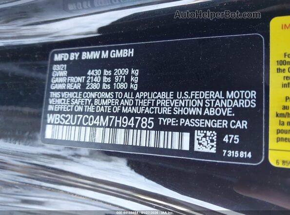 WBS2U7C04M7H94785 2021 BMW M2 Black Vista del compartimento del motor