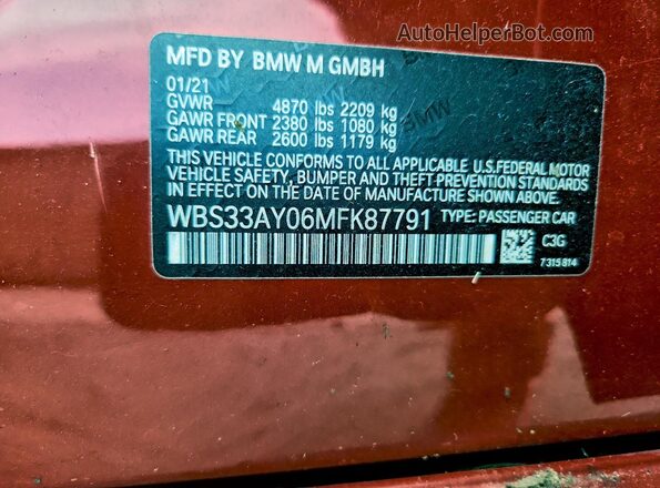 WBS33AY06MFK87791 2021 BMW M3 Red VIN კოდის სტიკერის ხედი