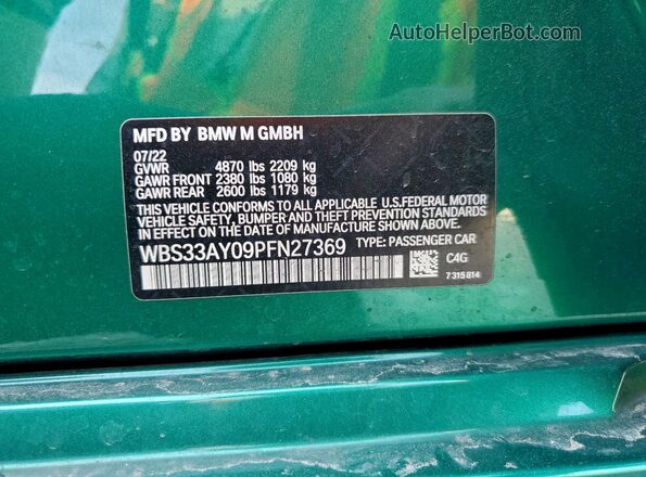WBS33AY09PFN27369 2023 BMW M3 Green Вид наклейки з VIN-кодом