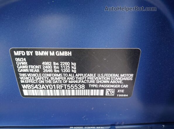 WBS43AY01RFT55538 2024 BMW M3 Blue Вид підкапотного простору