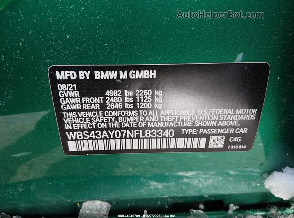 WBS43AY07NFL83340 2022 BMW M3 Green Շարժիչի բաժամունքի տեսք