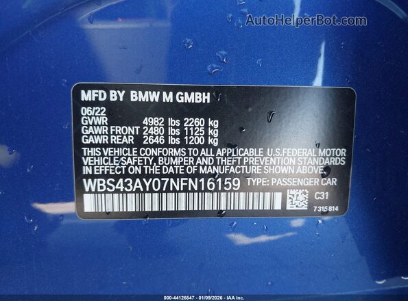 WBS43AY07NFN16159 2022 BMW M3 Blue Engine compartment view